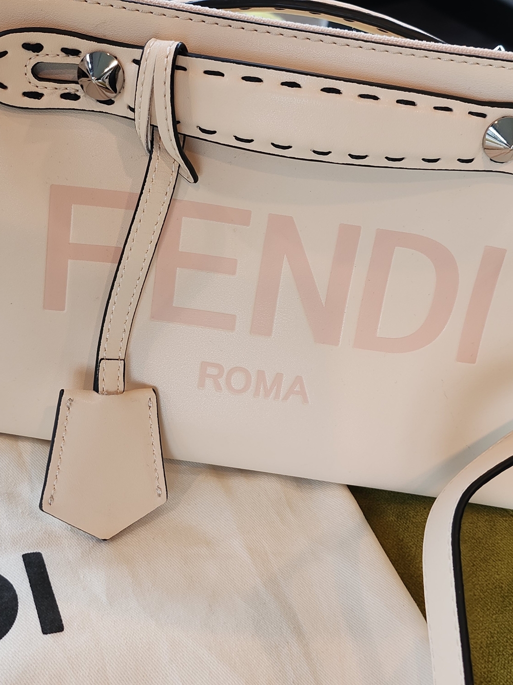 Cream Leather Satchel with Pale Pink Logo Print - Picture 3 of 13